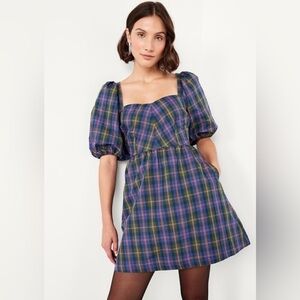 Old Navy Puff-Sleeve Taffeta Fit N Flare Plaid Mini Dress NWT Large Tall